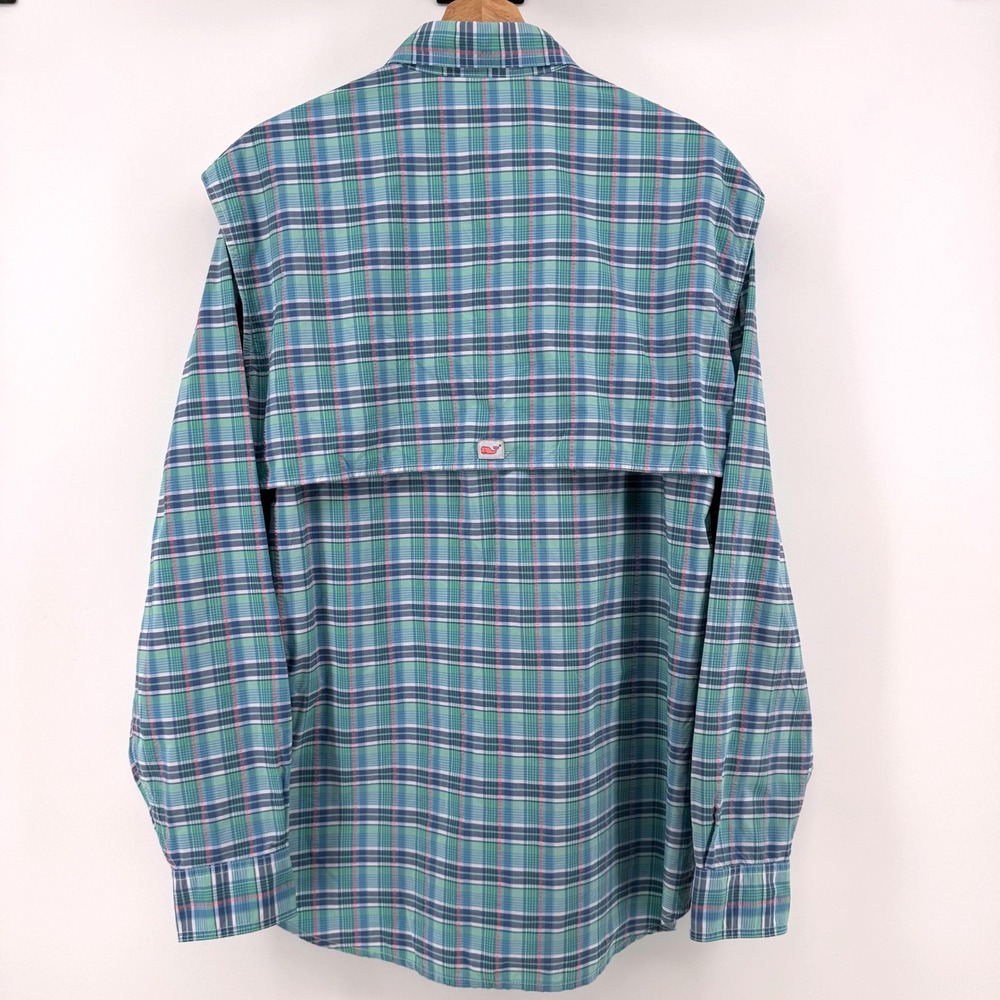 Vineyard Vines Harbor Shirt Medium Green Blue Plaid Vented Fishing Lightweight - Picture 3 of 9